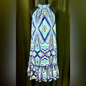 NWT Trina Turk Blue/Turquoise/Beige Multi Knee-Length Swing Dress, Size M